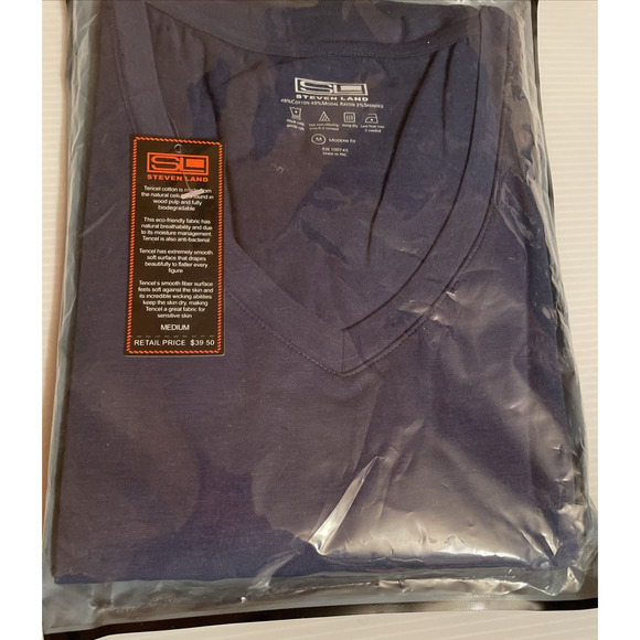 Mens Tee Steven Land Medium Modern Fit V Neck Short Sleeve Stretch Blue New Pkg - Picture 5 of 7